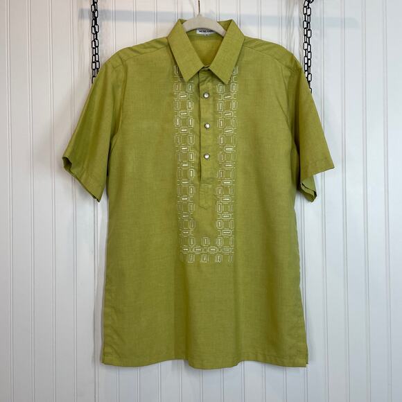 NWOT Michel Andre Men’s Green Embroidered Short Sleeve Button-Down Shirt Size M - Picture 1 of 6